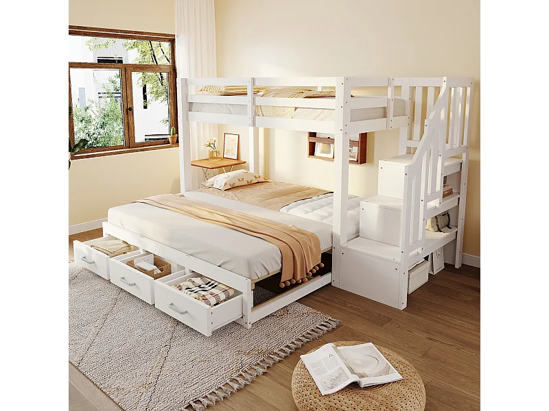 Lit superposé enfant - 90 x 200 cm - avec lit gigogne 90/180 x 190 cm + échelle de rangement + tiroirs - bois - blanc