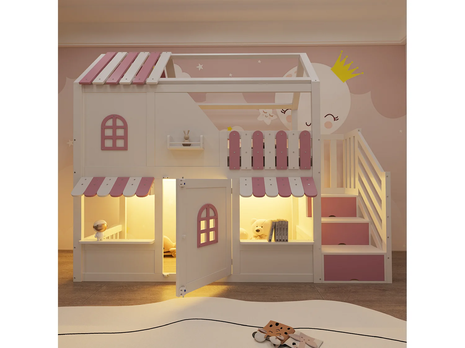 Lit superposé pour enfant - 90 x 200 cm - en forme de maison avec fenêtres + échelle de rangement + Leds + étagères - bois - blanc + rose