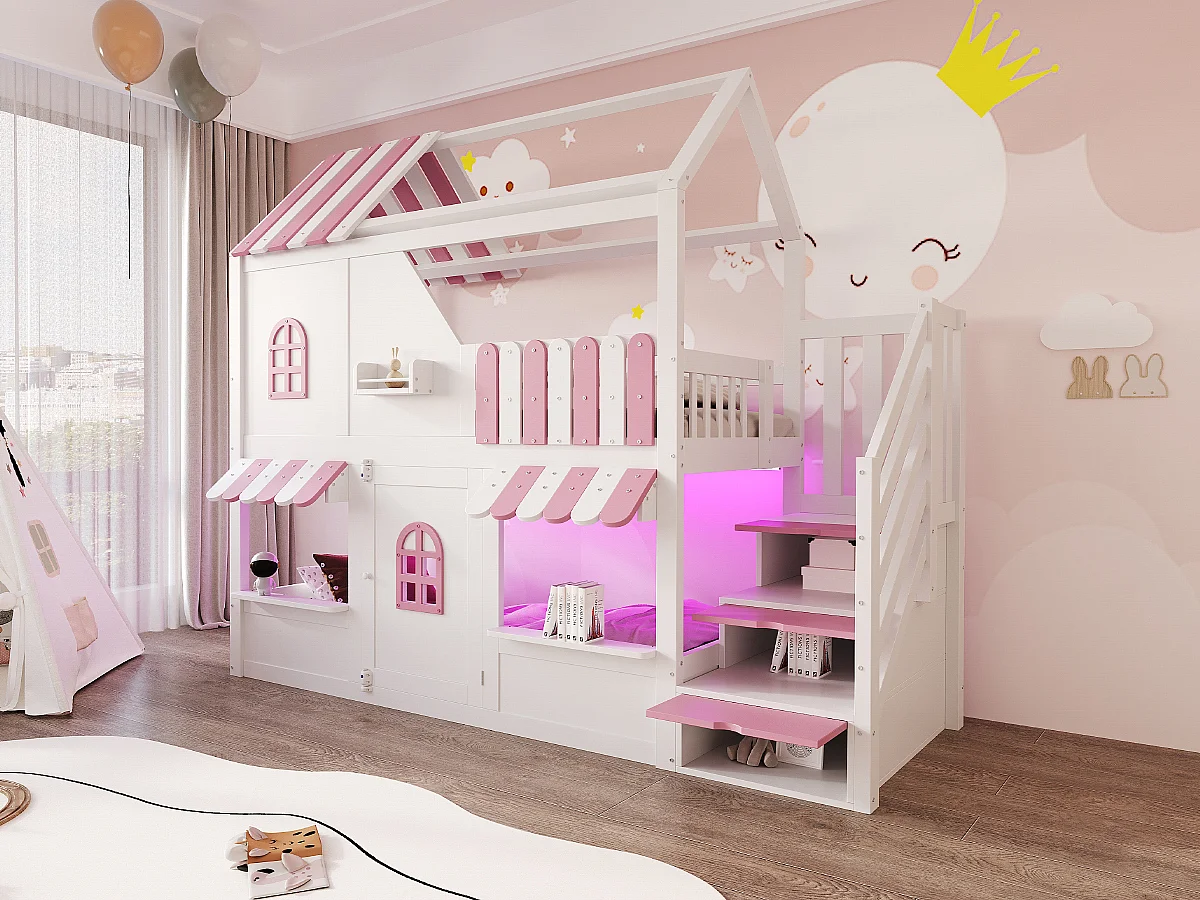 Lit superposé pour enfant - 90 x 200 cm - en forme de maison avec fenêtres + échelle de rangement + Leds + étagères - bois - blanc + rose