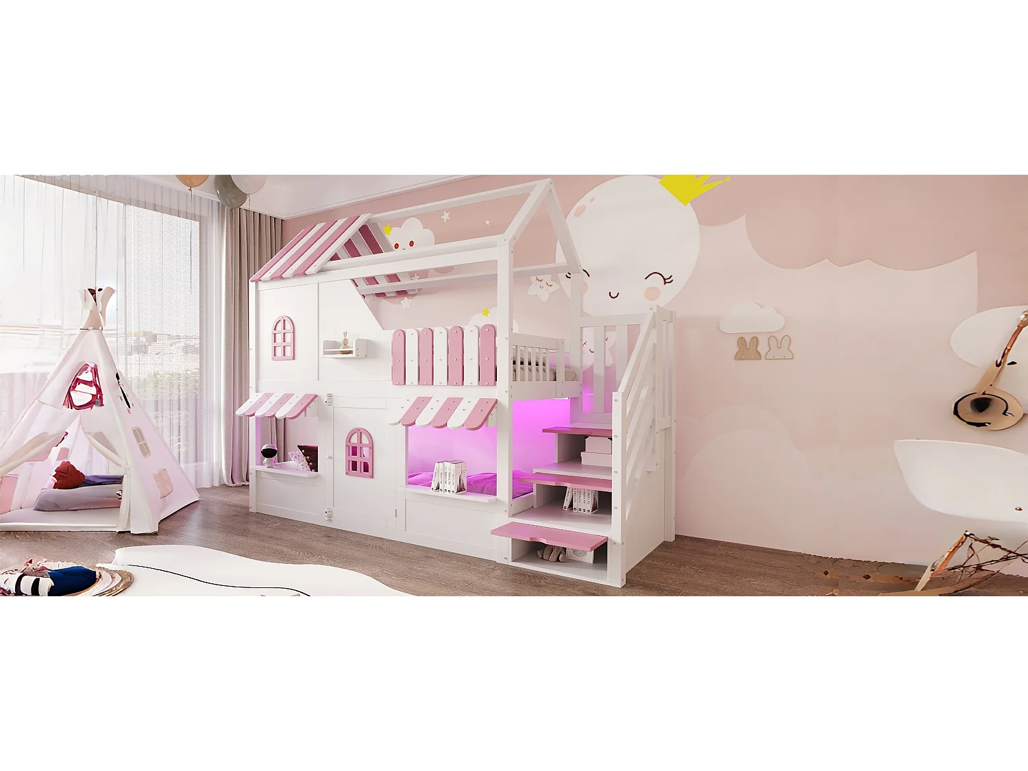Lit superposé pour enfant - 90 x 200 cm - en forme de maison avec fenêtres + échelle de rangement + Leds + étagères - bois - blanc + rose