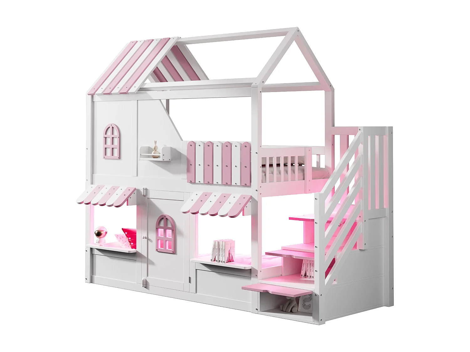 Lit superposé pour enfant - 90 x 200 cm - en forme de maison avec fenêtres + échelle de rangement + Leds + étagères - bois - blanc + rose