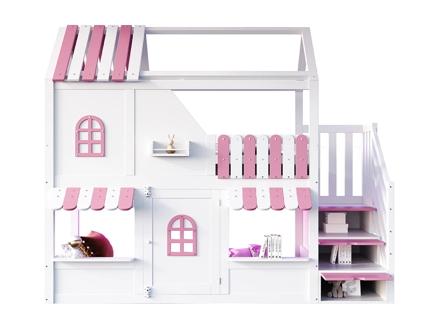 Lit superposé pour enfant - 90 x 200 cm - en forme de maison avec fenêtres + échelle de rangement + Leds + étagères - bois - blanc + rose