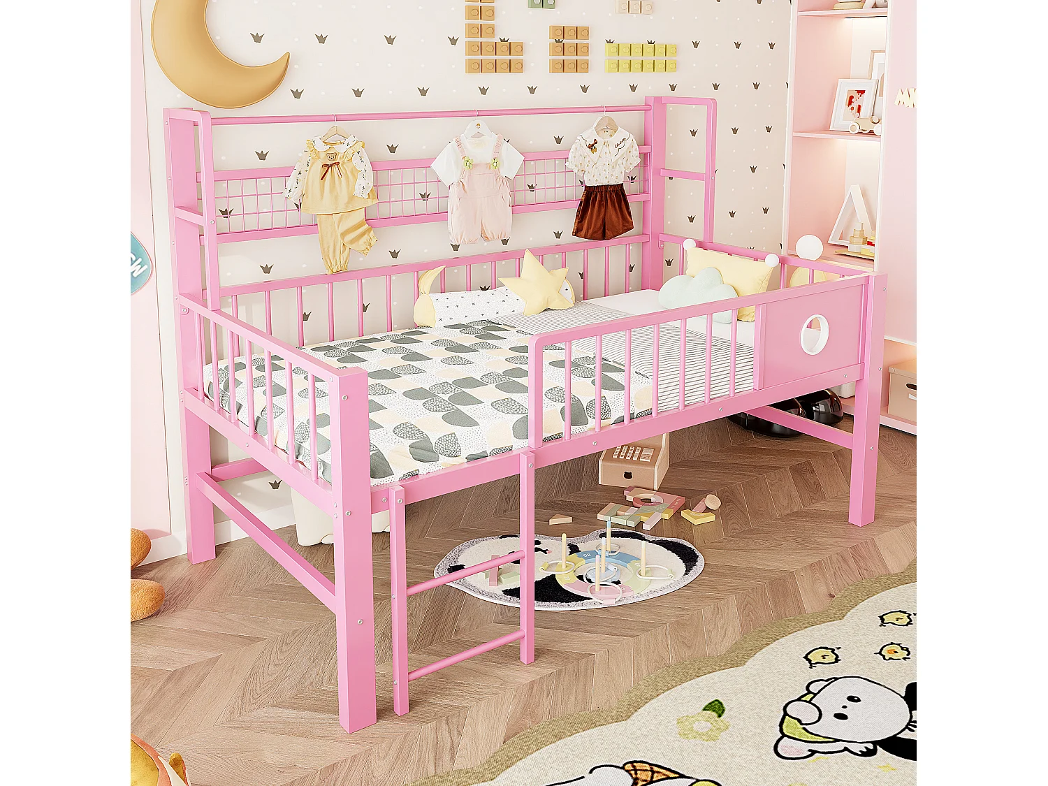 Lit mezzanine bas enfant - 90 x 200cm - avec cadre en métal et compartiments de rangement - rose