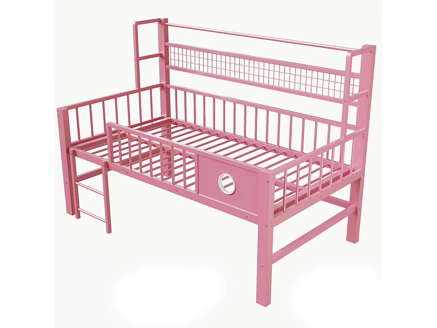 Lit mezzanine bas enfant - 90 x 200cm - avec cadre en métal et compartiments de rangement - rose