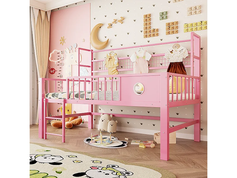 Lit mezzanine bas enfant - 90 x 200cm - avec cadre en métal et compartiments de rangement - rose