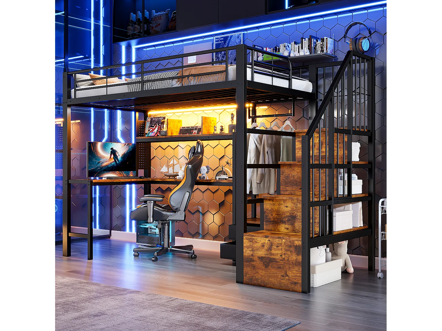 Lit mezzanine en métal pour enfant - 90 x 200 cm - avec 2 tiroirs + penderie + Leds + bureau + escalier de rangement - noir