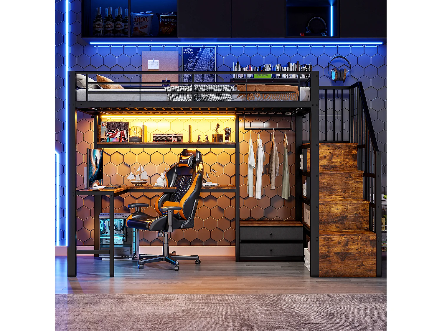 Lit mezzanine en métal pour enfant - 90 x 200 cm - avec 2 tiroirs + penderie + Leds + bureau + escalier de rangement - noir