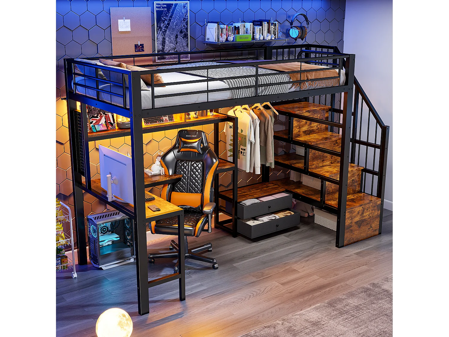 Lit mezzanine en métal pour enfant - 90 x 200 cm - avec 2 tiroirs + penderie + Leds + bureau + escalier de rangement - noir