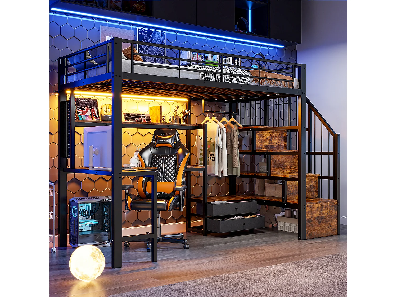 Lit mezzanine en métal pour enfant - 90 x 200 cm - avec 2 tiroirs + penderie + Leds + bureau + escalier de rangement - noir