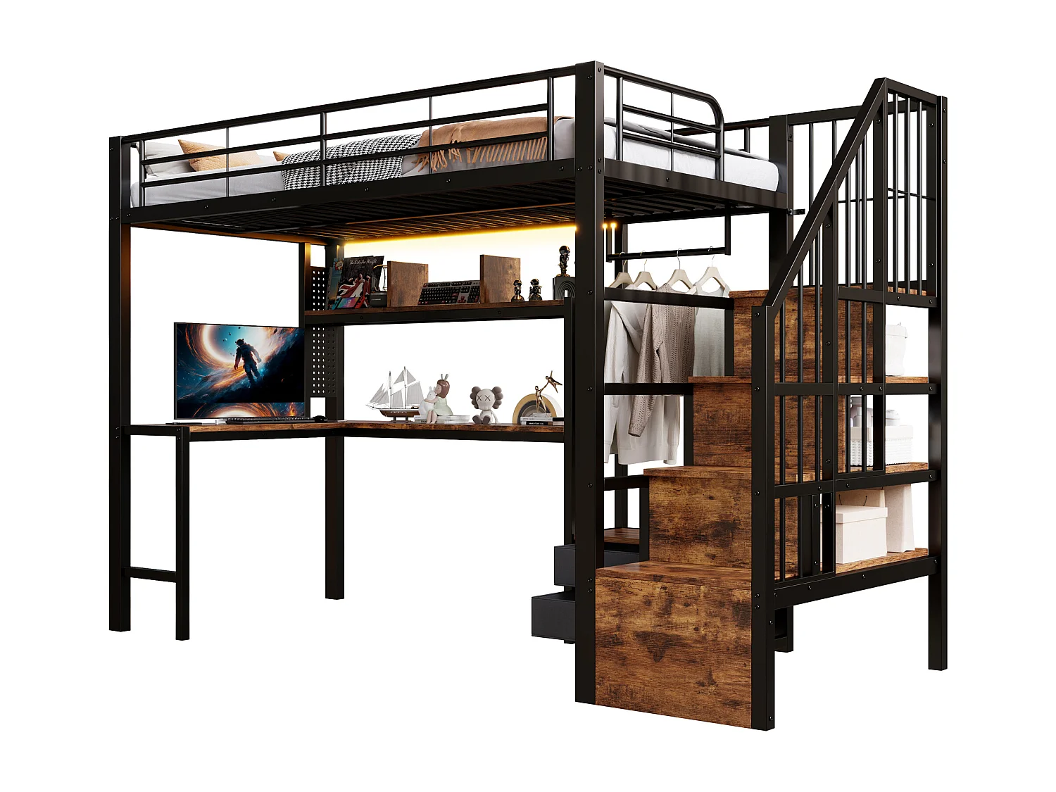 Lit mezzanine en métal pour enfant - 90 x 200 cm - avec 2 tiroirs + penderie + Leds + bureau + escalier de rangement - noir