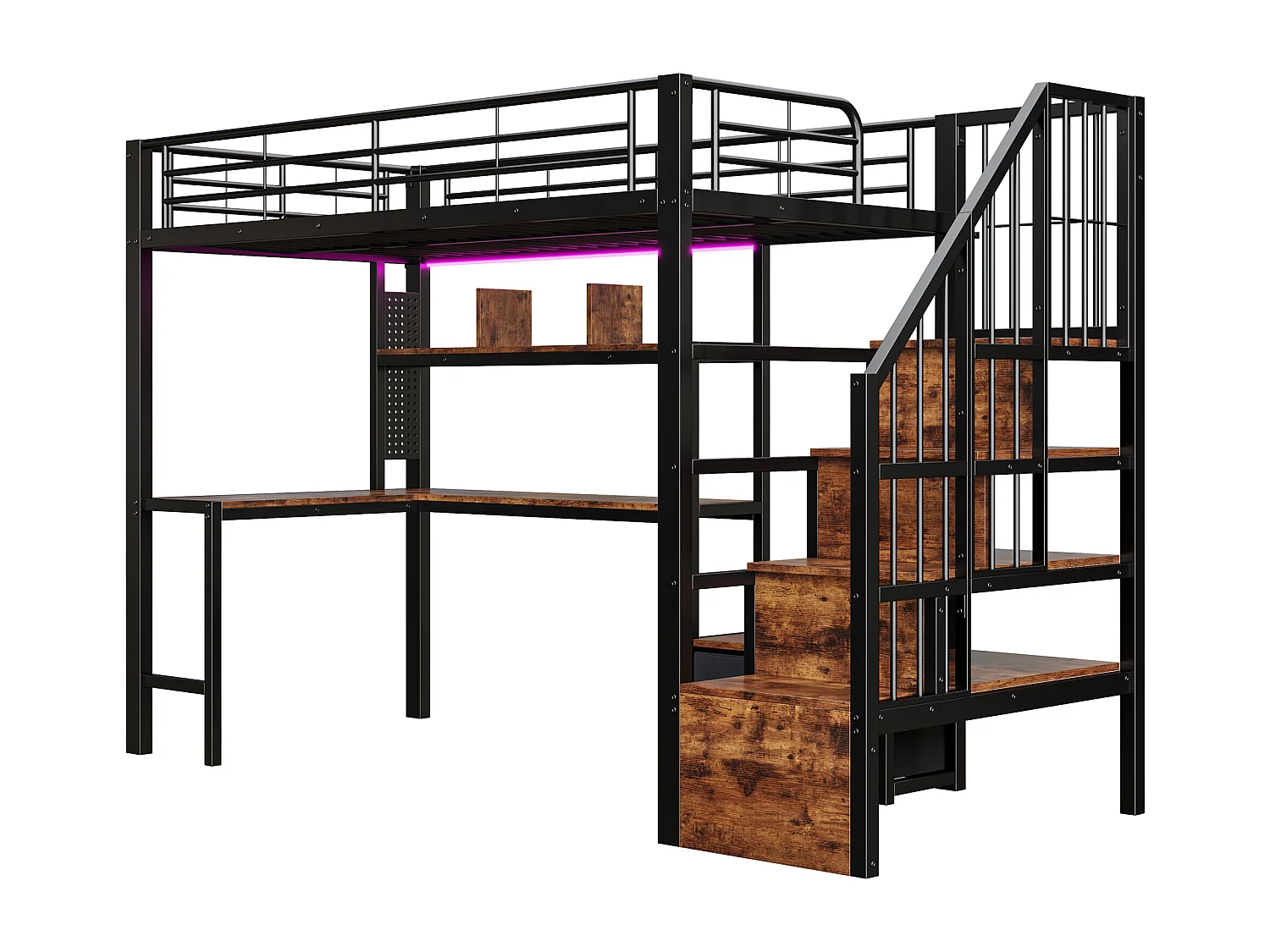 Lit mezzanine en métal pour enfant - 90 x 200 cm - avec 2 tiroirs + penderie + Leds + bureau + escalier de rangement - noir