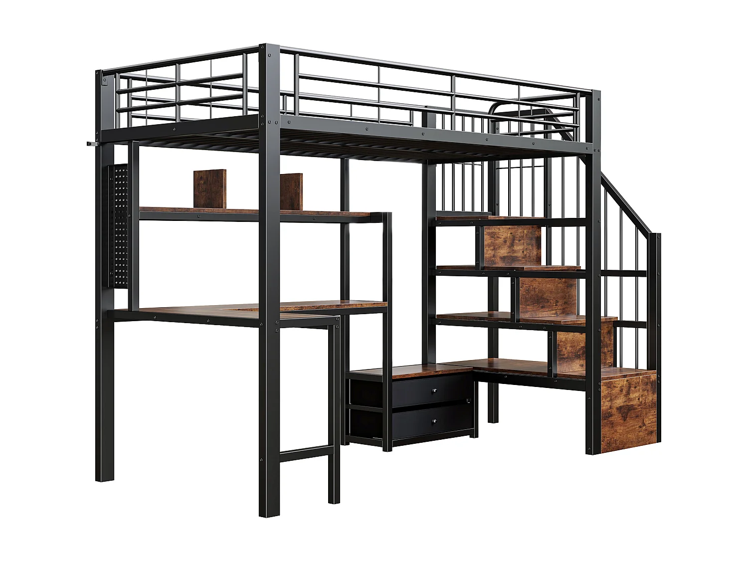 Lit mezzanine en métal pour enfant - 90 x 200 cm - avec 2 tiroirs + penderie + Leds + bureau + escalier de rangement - noir