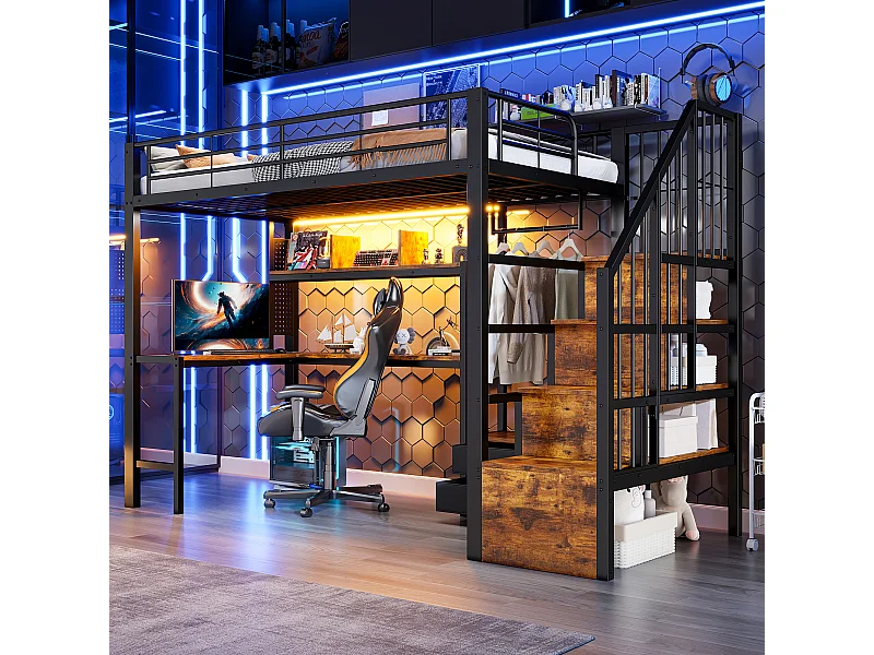 Lit mezzanine en métal pour enfant - 90 x 200 cm - avec 2 tiroirs + penderie + Leds + bureau + escalier de rangement - noir