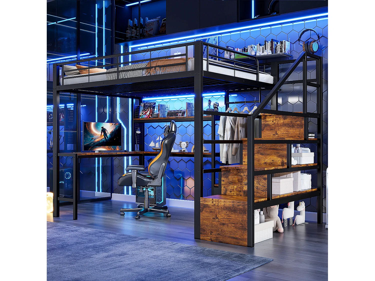 Lit mezzanine en métal pour enfant - 140 x 200 cm - avec 2 tiroirs + penderie + Leds + bureau + escalier de rangement - noir