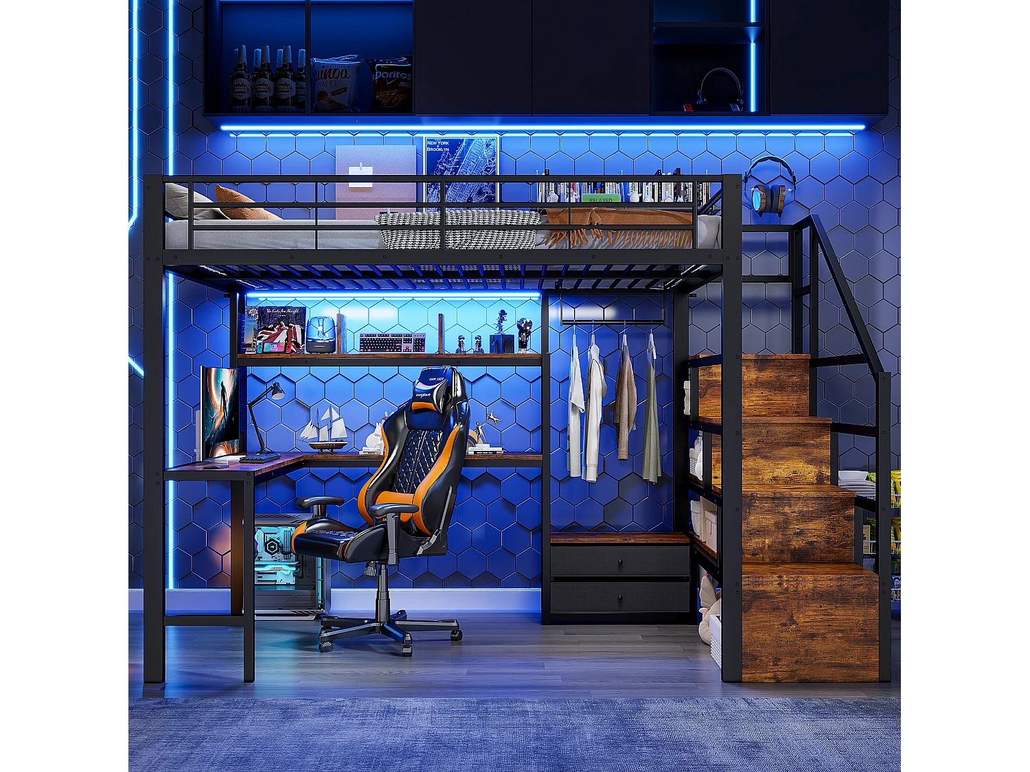 Lit mezzanine en métal pour enfant - 140 x 200 cm - avec 2 tiroirs + penderie + Leds + bureau + escalier de rangement - noir