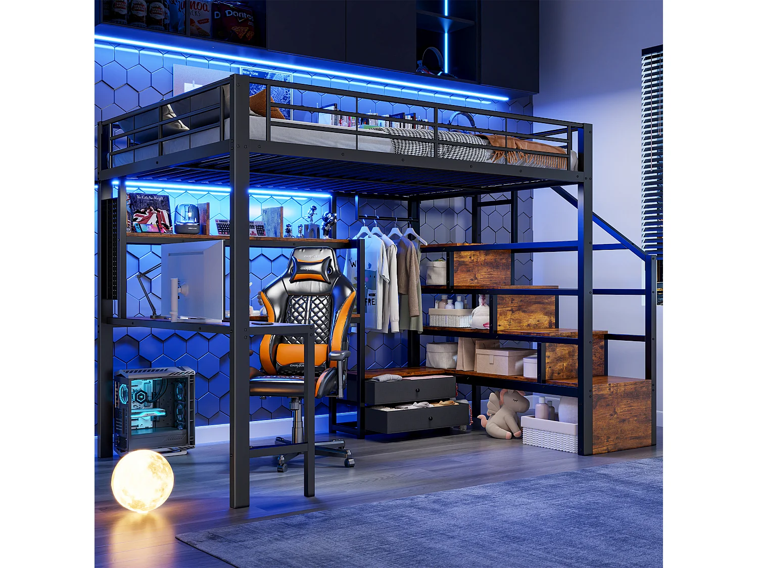 Lit mezzanine en métal pour enfant - 140 x 200 cm - avec 2 tiroirs + penderie + Leds + bureau + escalier de rangement - noir