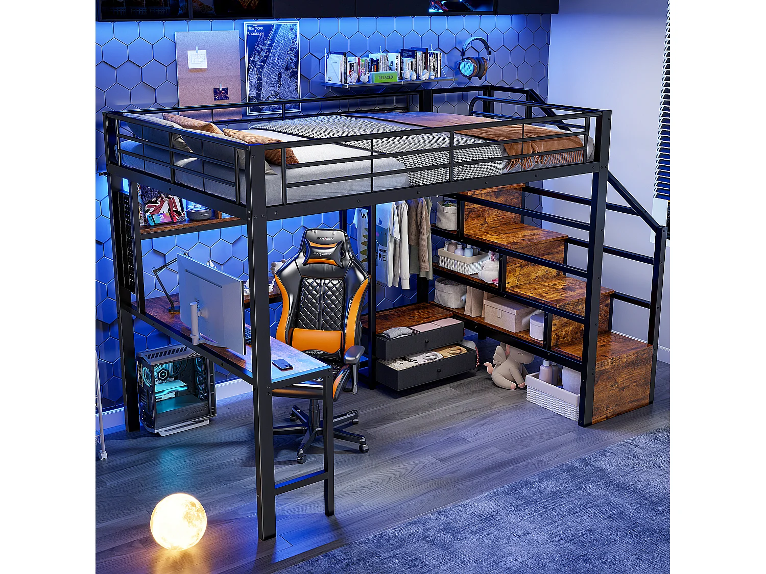 Lit mezzanine en métal pour enfant - 140 x 200 cm - avec 2 tiroirs + penderie + Leds + bureau + escalier de rangement - noir