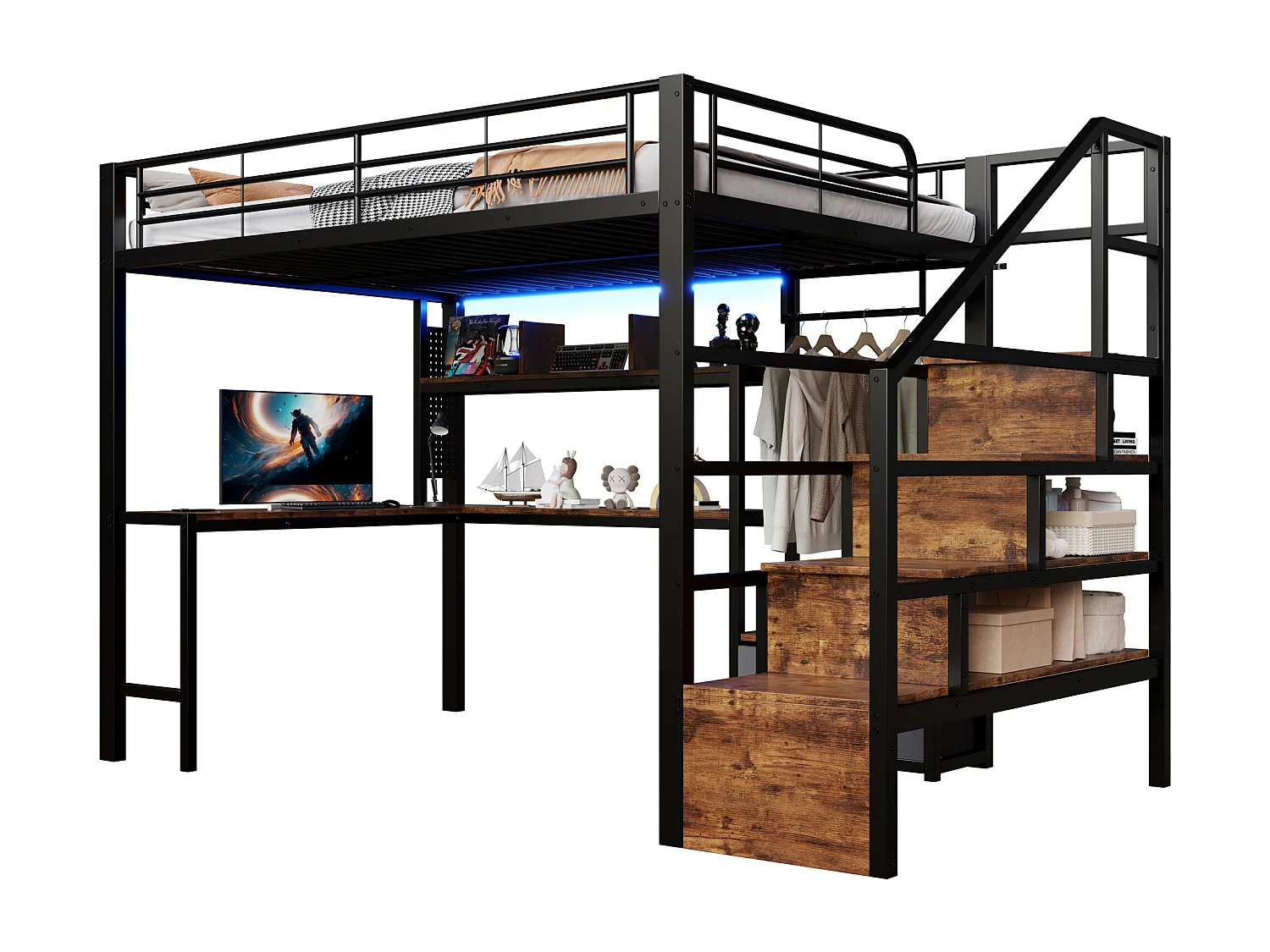 Lit mezzanine en métal pour enfant - 140 x 200 cm - avec 2 tiroirs + penderie + Leds + bureau + escalier de rangement - noir