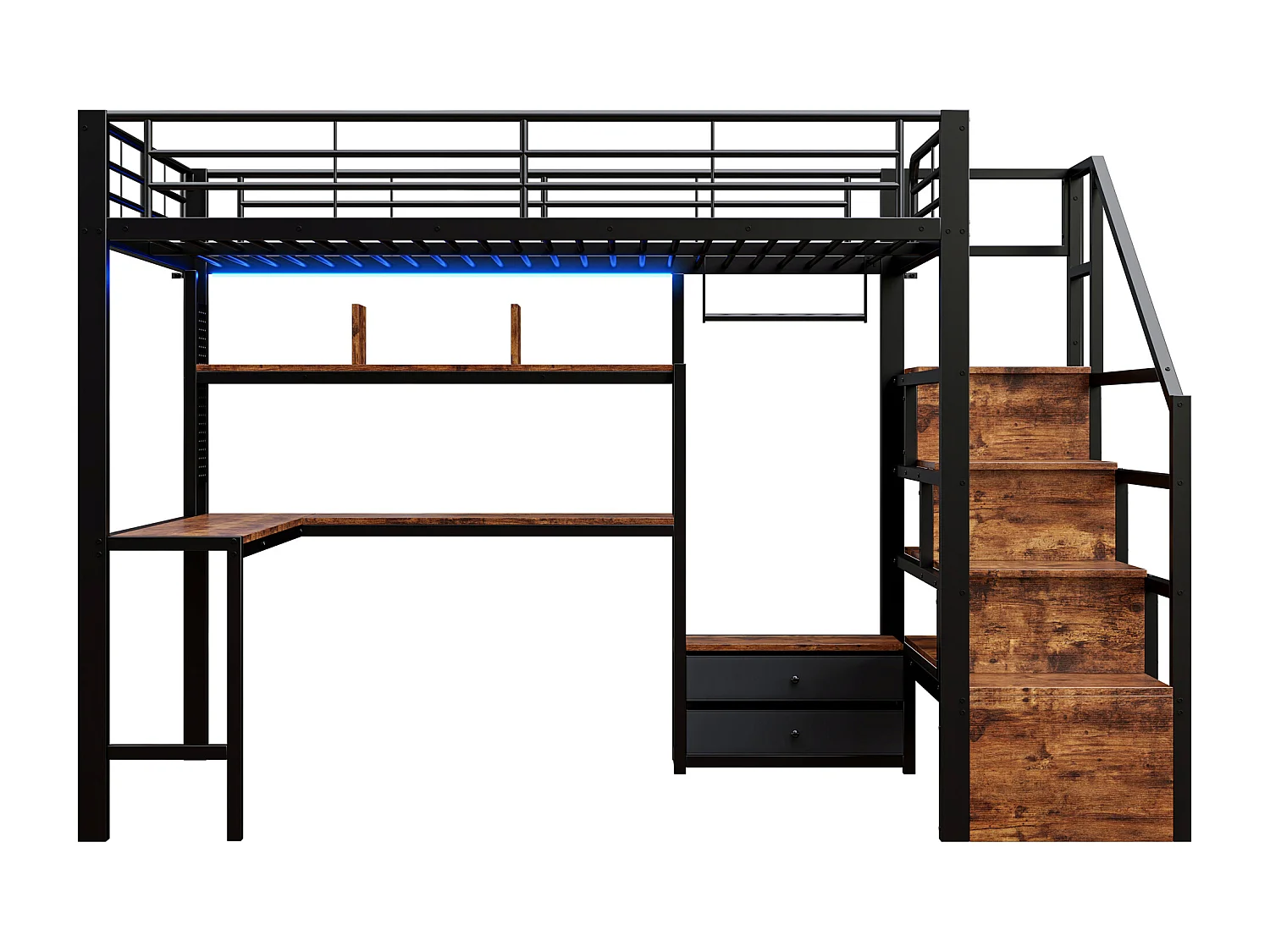 Lit mezzanine en métal pour enfant - 140 x 200 cm - avec 2 tiroirs + penderie + Leds + bureau + escalier de rangement - noir