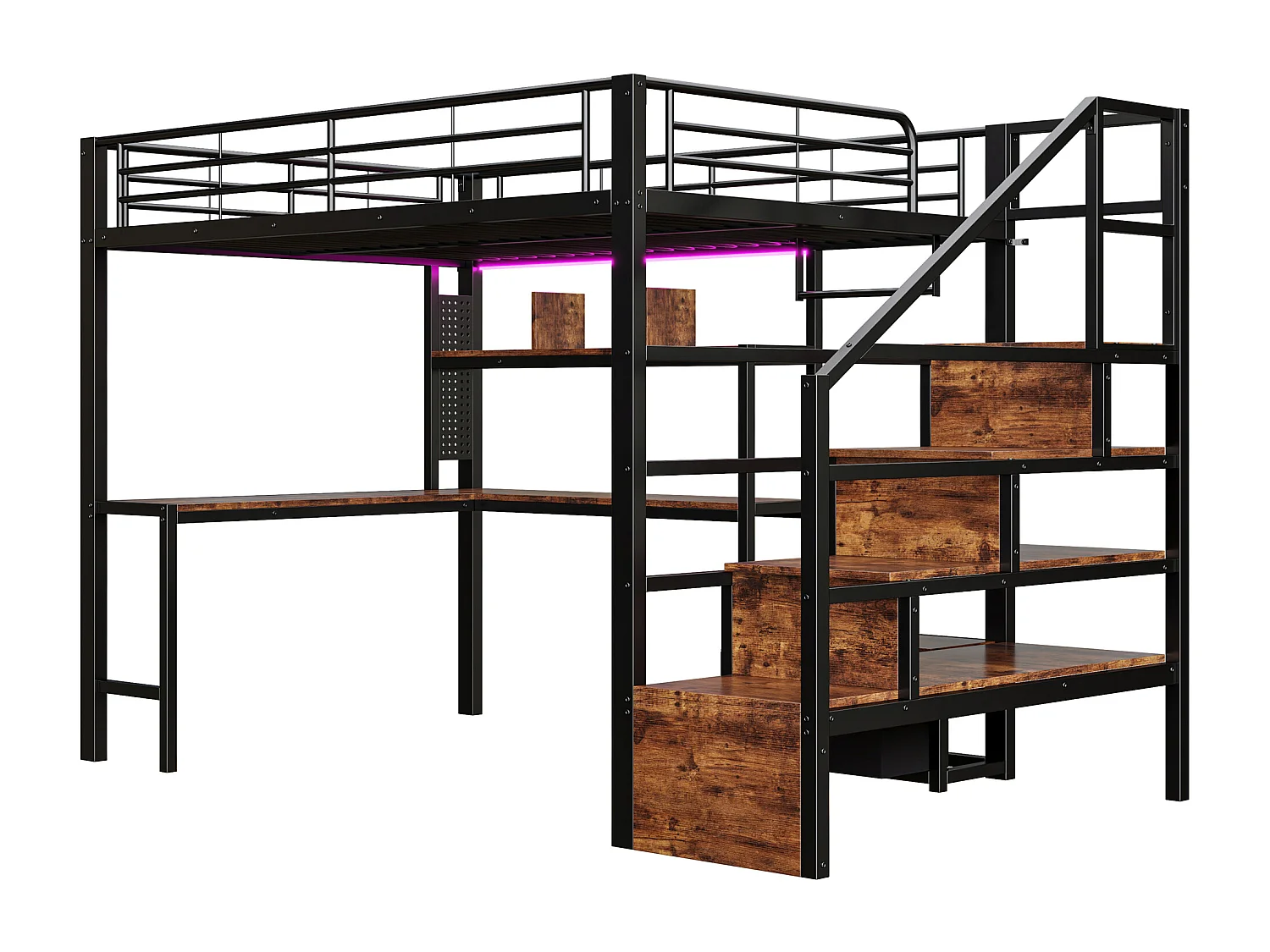 Lit mezzanine en métal pour enfant - 140 x 200 cm - avec 2 tiroirs + penderie + Leds + bureau + escalier de rangement - noir