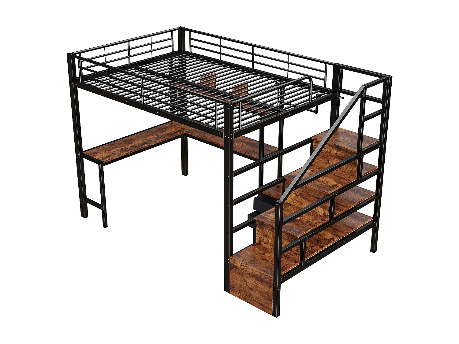 Lit mezzanine en métal pour enfant - 140 x 200 cm - avec 2 tiroirs + penderie + Leds + bureau + escalier de rangement - noir