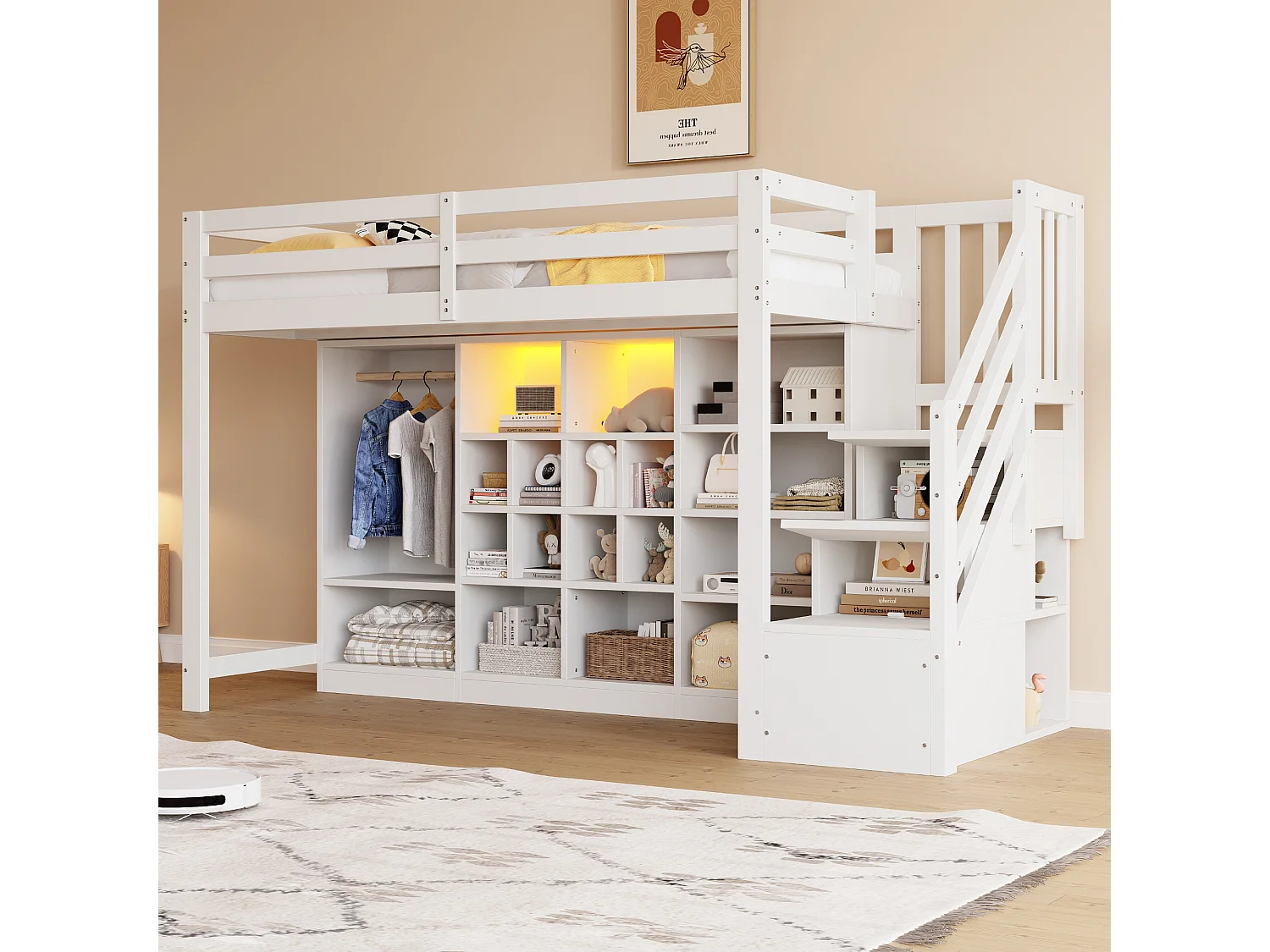 Lit mezzanine pour enfant - 90 x 200 cm - avec placards à compartiments + penderie + Leds + escalier de rangement - bois - blanc