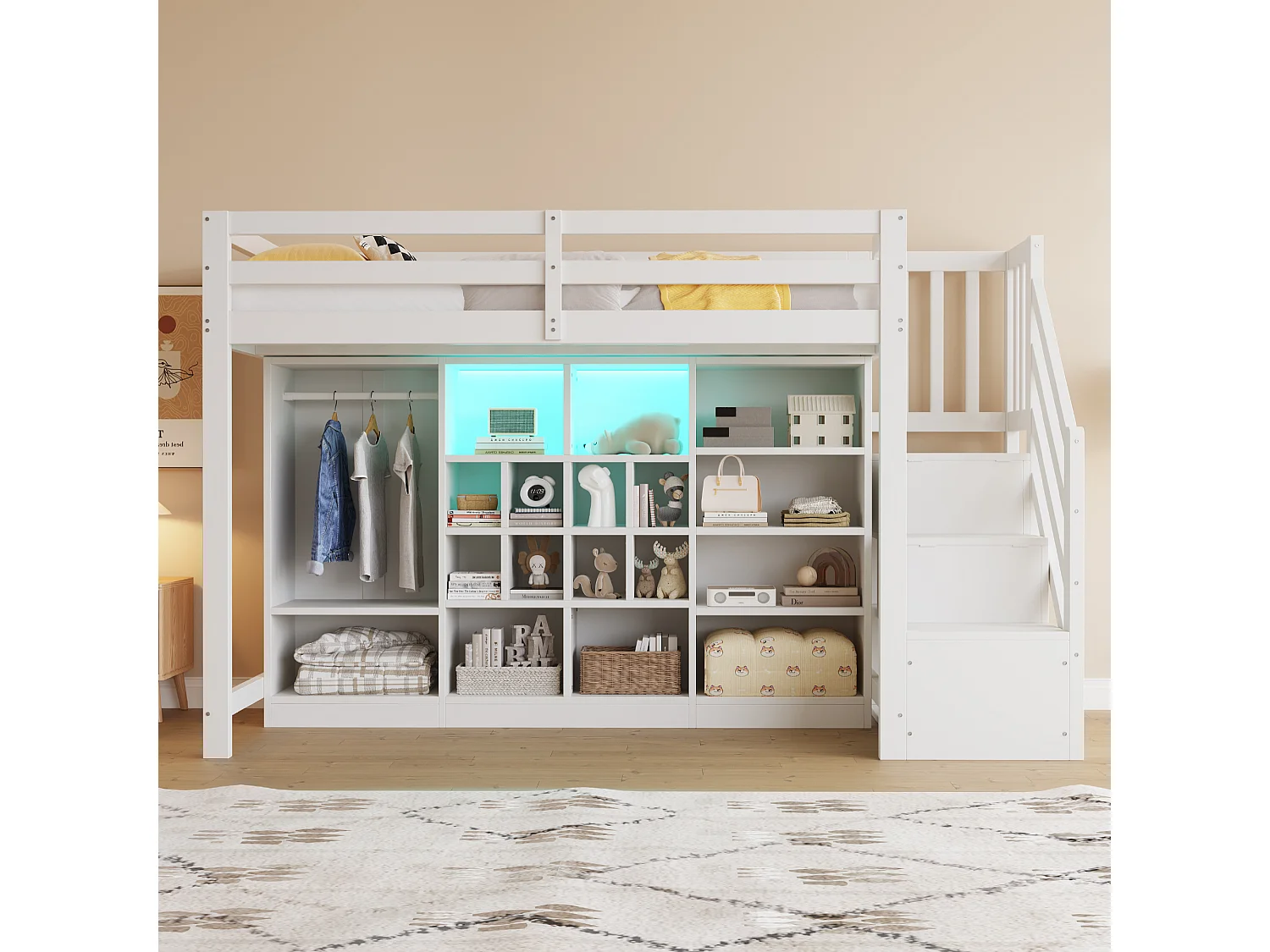 Lit mezzanine pour enfant - 90 x 200 cm - avec placards à compartiments + penderie + Leds + escalier de rangement - bois - blanc