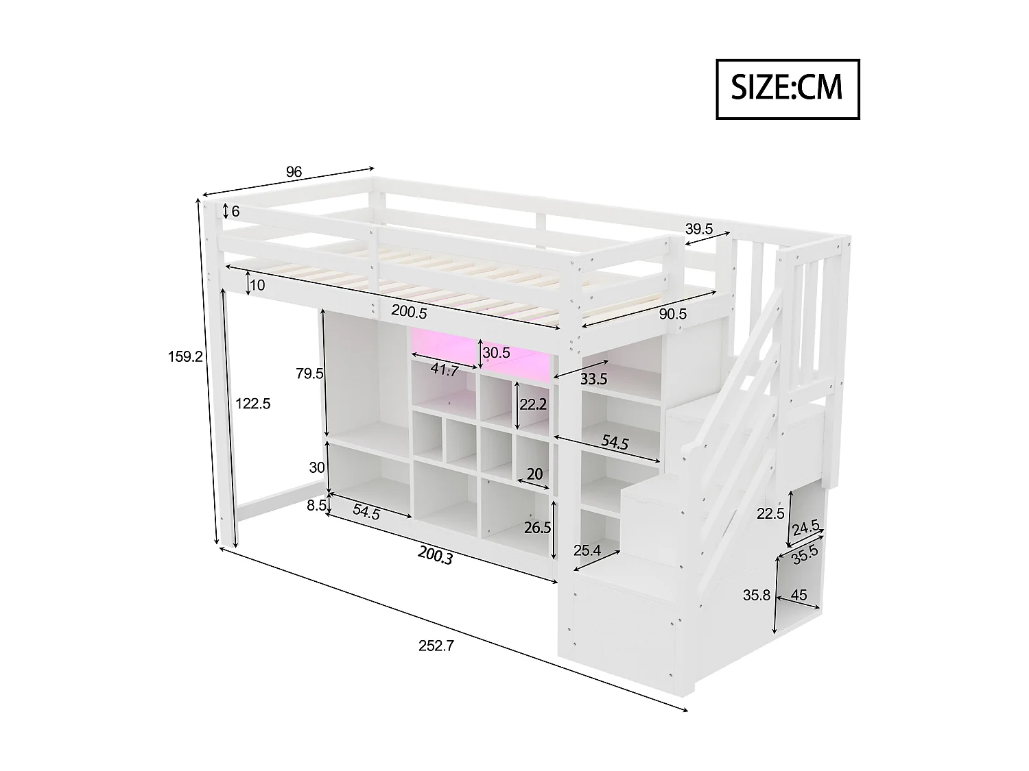 Lit mezzanine pour enfant - 90 x 200 cm - avec placards à compartiments + penderie + Leds + escalier de rangement - bois - blanc
