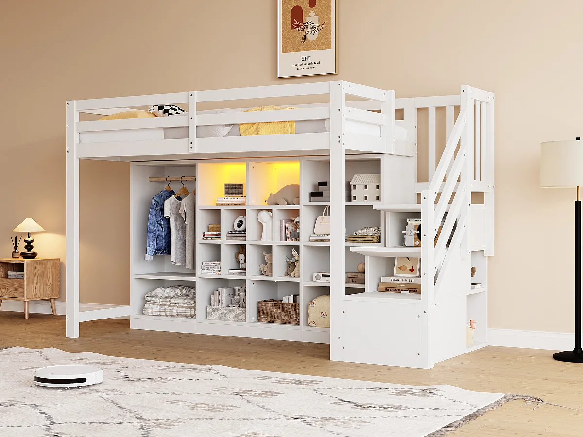 Lit mezzanine pour enfant - 90 x 200 cm - avec placards à compartiments + penderie + Leds + escalier de rangement - bois - blanc