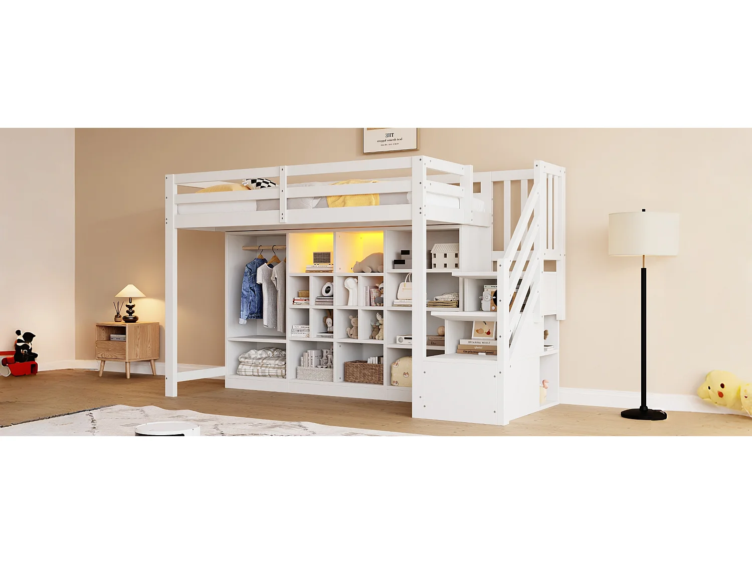 Lit mezzanine pour enfant - 90 x 200 cm - avec placards à compartiments + penderie + Leds + escalier de rangement - bois - blanc