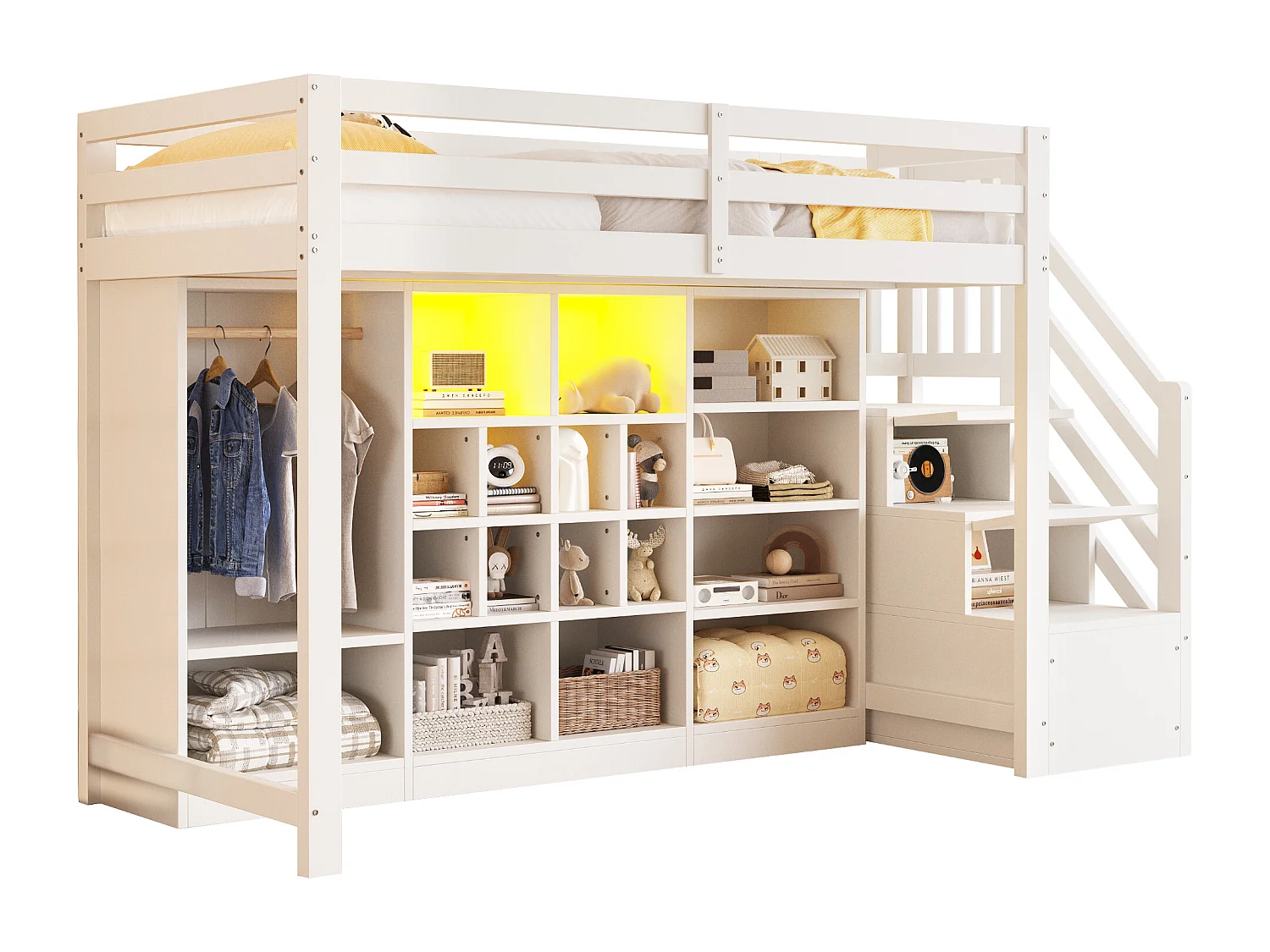 Lit mezzanine pour enfant - 90 x 200 cm - avec placards à compartiments + penderie + Leds + escalier de rangement - bois - blanc