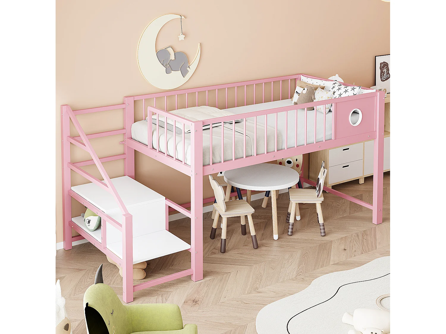Lit mezzanine bas pour enfant - 90 x 200 cm - avec échelle de rangement - structure métallique - rose