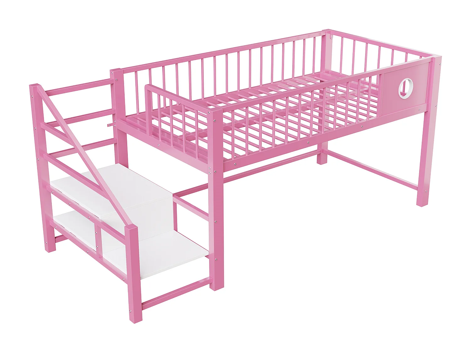 Lit mezzanine bas pour enfant - 90 x 200 cm - avec échelle de rangement - structure métallique - rose