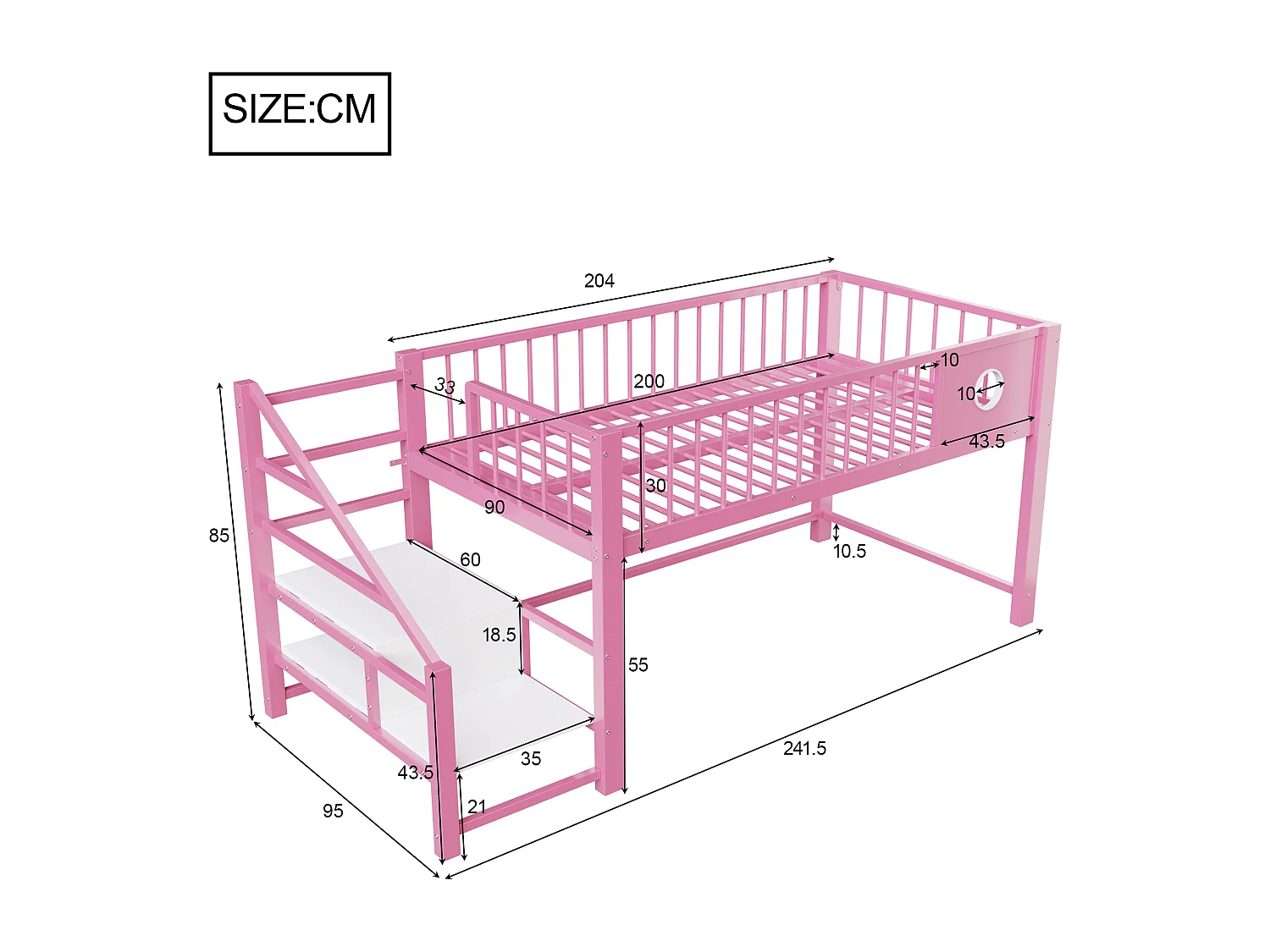 Lit mezzanine bas pour enfant - 90 x 200 cm - avec échelle de rangement - structure métallique - rose