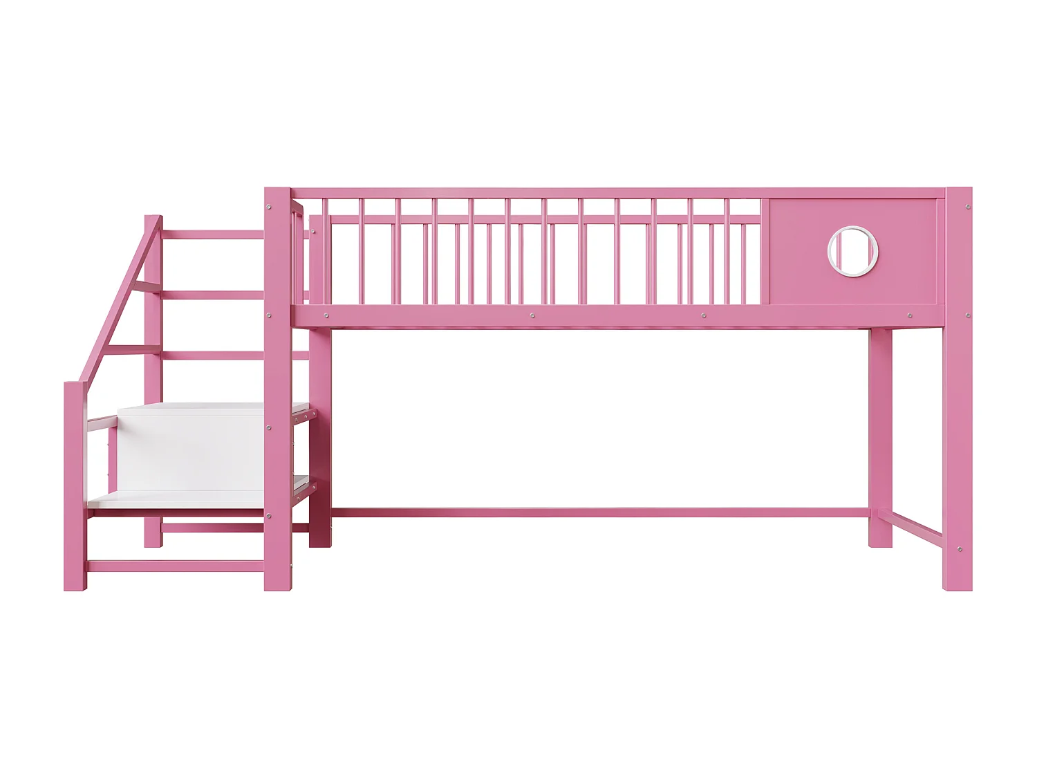Lit mezzanine bas pour enfant - 90 x 200 cm - avec échelle de rangement - structure métallique - rose