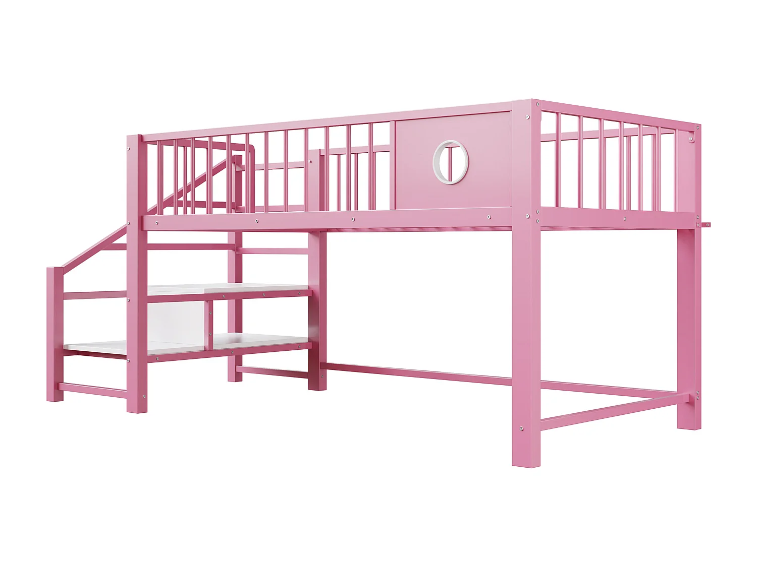 Lit mezzanine bas pour enfant - 90 x 200 cm - avec échelle de rangement - structure métallique - rose