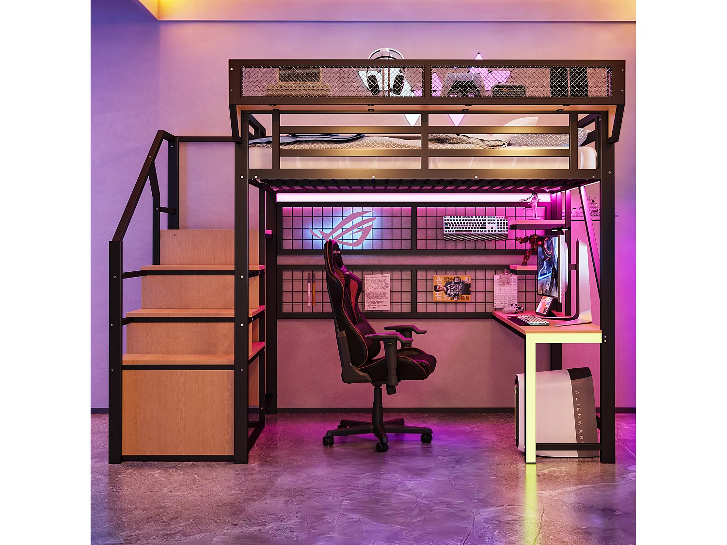 Lit mezzanine en métal - 140 x 200 cm - avec bureau + étagère et filet de rangement + échelle de rangement + Leds + prise - noir