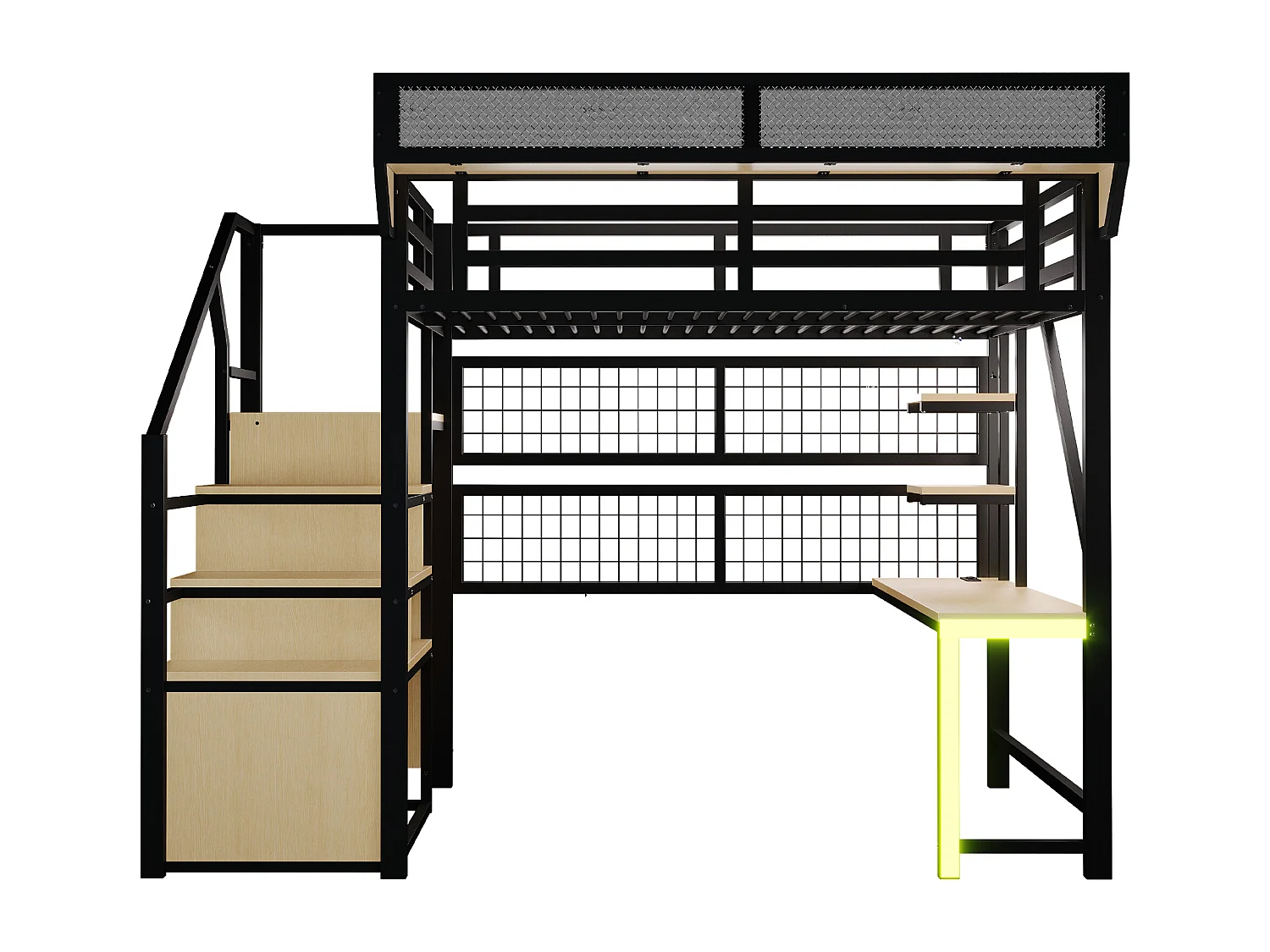 Lit mezzanine en métal - 140 x 200 cm - avec bureau + étagère et filet de rangement + échelle de rangement + Leds + prise - noir
