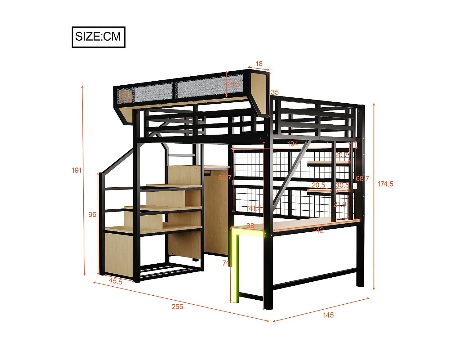 Lit mezzanine en métal - 140 x 200 cm - avec bureau + étagère et filet de rangement + échelle de rangement + Leds + prise - noir