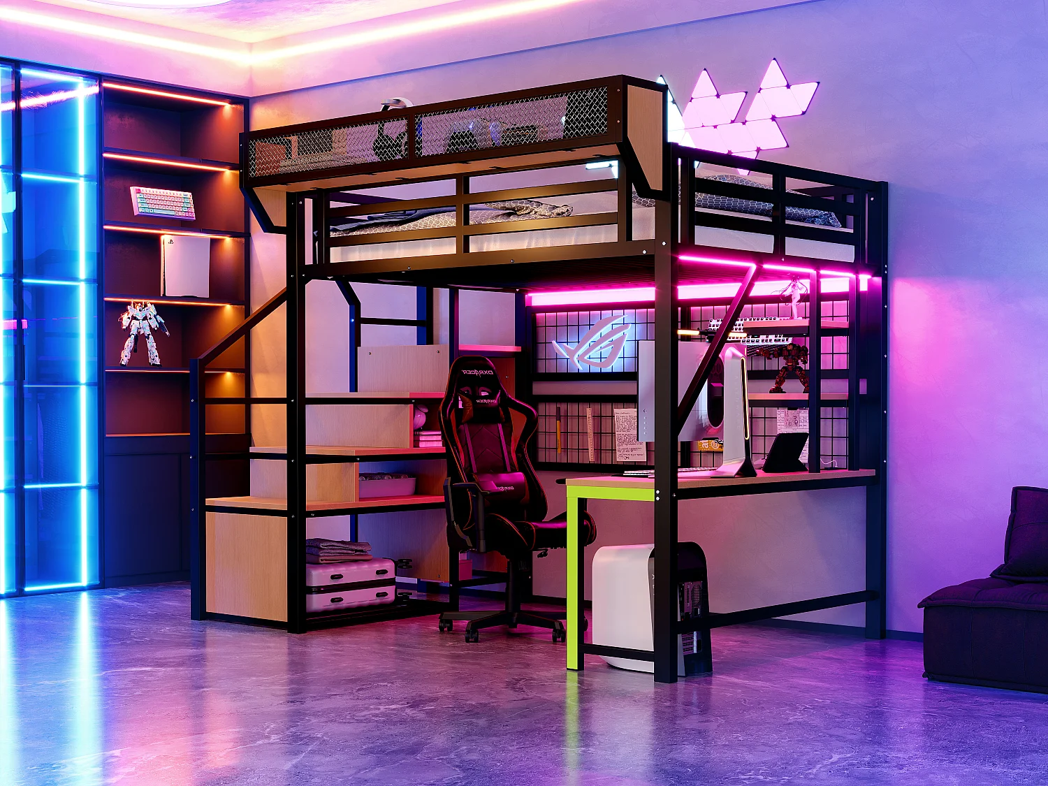 Lit mezzanine en métal - 140 x 200 cm - avec bureau + étagère et filet de rangement + échelle de rangement + Leds + prise - noir