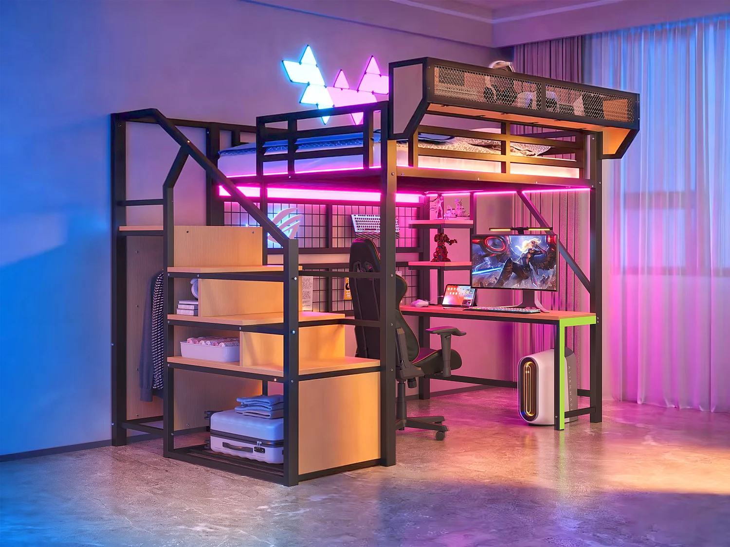 Lit mezzanine en métal - 140 x 200 cm - avec bureau + étagère et filet de rangement + échelle de rangement + Leds + prise - noir