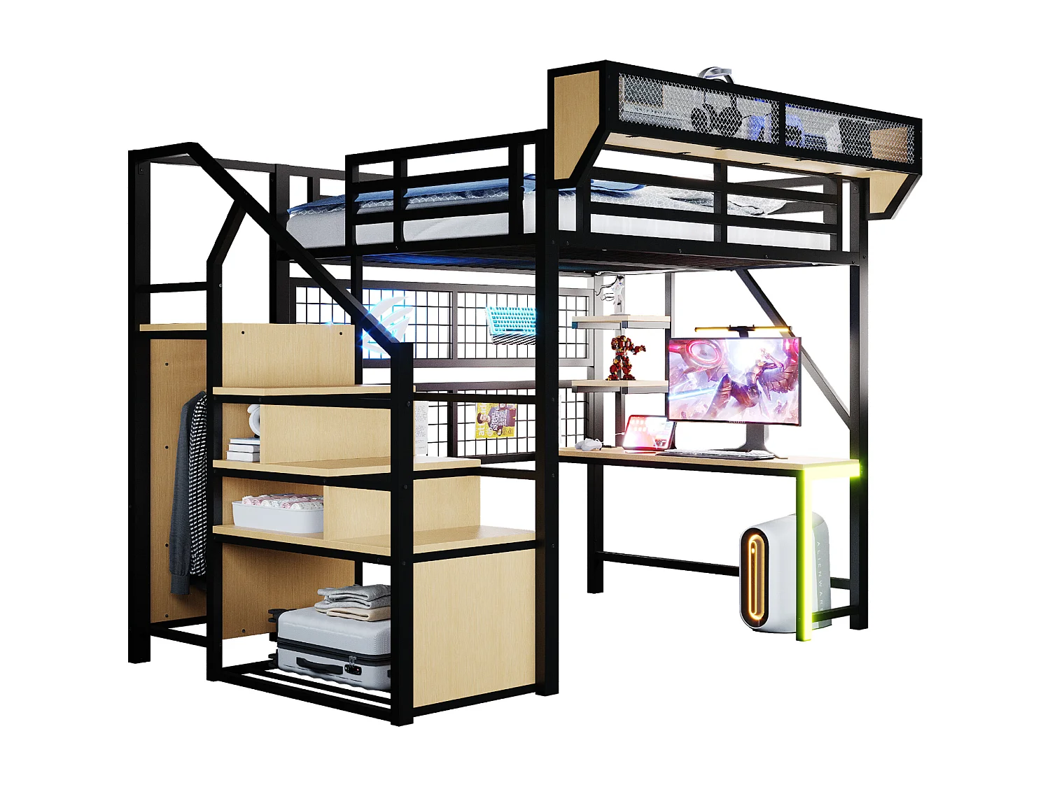 Lit mezzanine en métal - 140 x 200 cm - avec bureau + étagère et filet de rangement + échelle de rangement + Leds + prise - noir