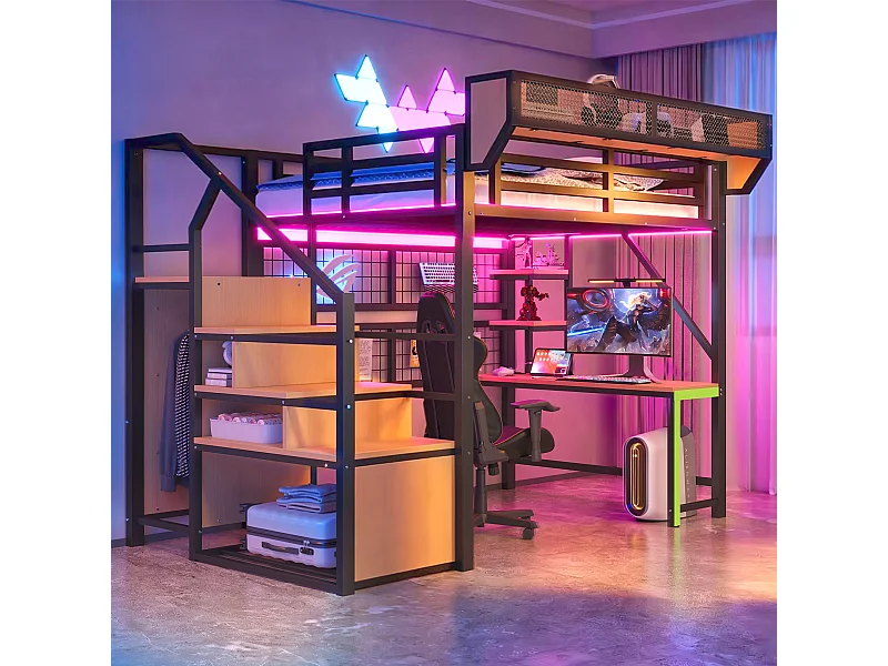 Lit mezzanine en métal - 140 x 200 cm - avec bureau + étagère et filet de rangement + échelle de rangement + Leds + prise - noir