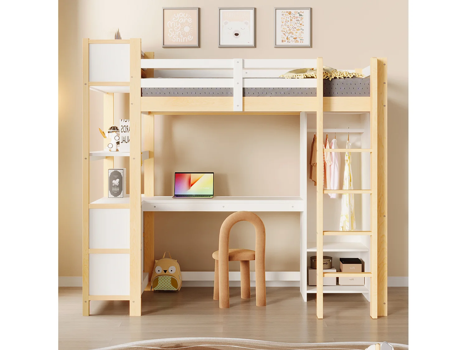 Lit mezzanine pour enfant - 90 x 200 cm - avec étagères de rangement + bureau + armoire - bois - naturel
