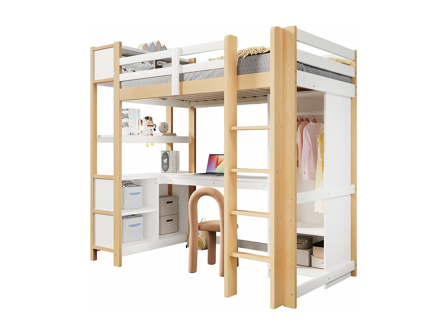 Lit mezzanine pour enfant - 90 x 200 cm - avec étagères de rangement + bureau + armoire - bois - naturel