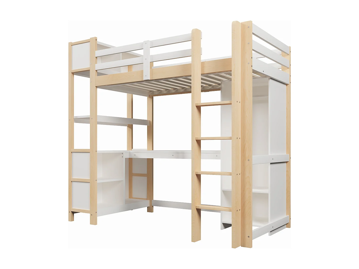 Lit mezzanine pour enfant - 90 x 200 cm - avec étagères de rangement + bureau + armoire - bois - naturel