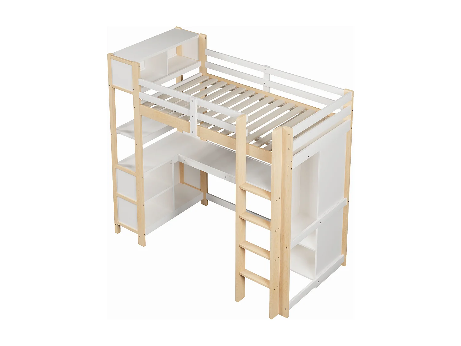 Lit mezzanine pour enfant - 90 x 200 cm - avec étagères de rangement + bureau + armoire - bois - naturel