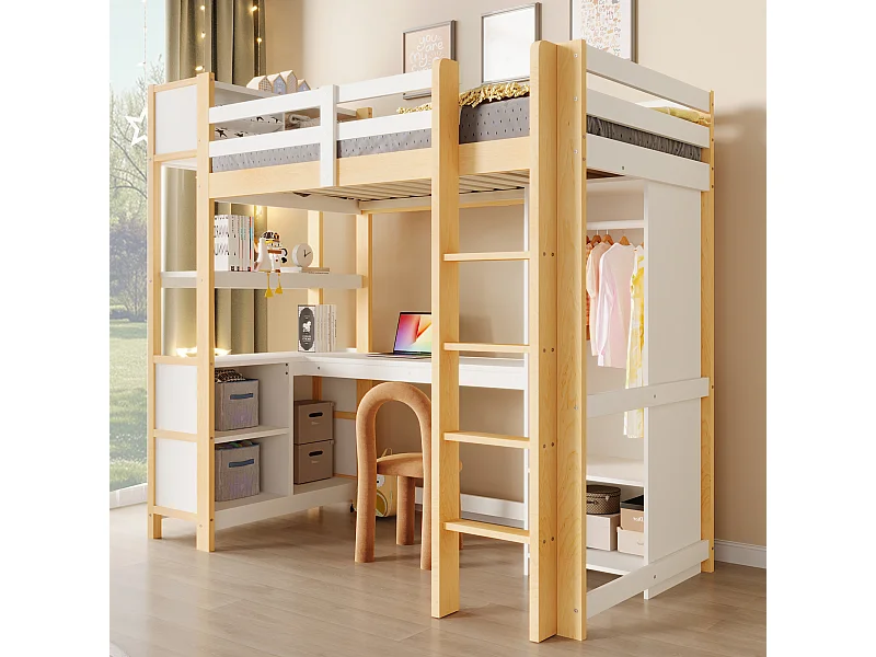 Lit mezzanine pour enfant - 90 x 200 cm - avec étagères de rangement + bureau + armoire - bois - naturel