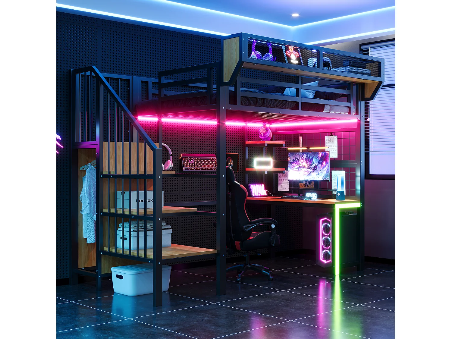 Lit mezzanine en métal - 90 x 200 cm - avec bureau + étagère et filet de rangement + échelle de rangement + Leds + prise - noir