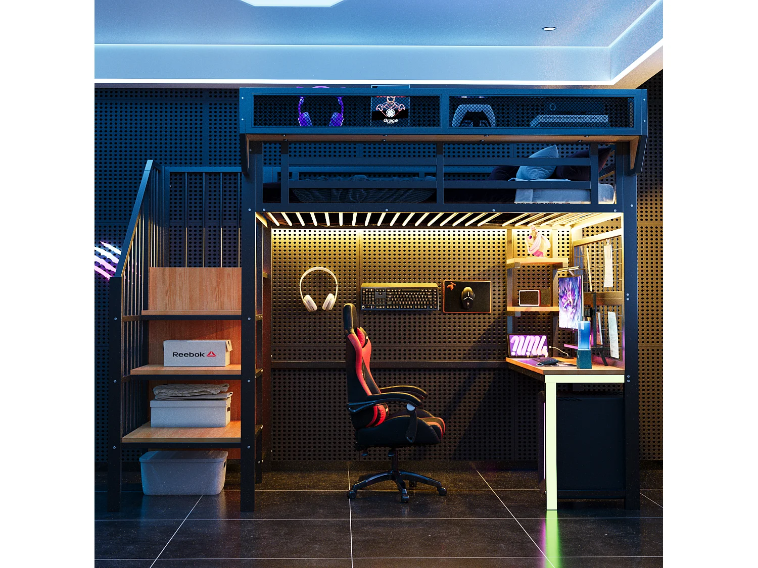 Lit mezzanine en métal - 90 x 200 cm - avec bureau + étagère et filet de rangement + échelle de rangement + Leds + prise - noir